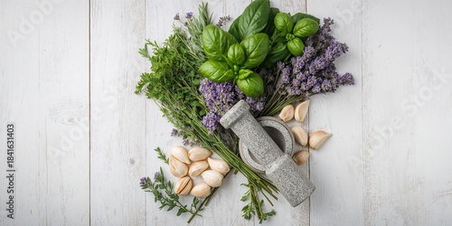 Aromatic herbs and garlic p...