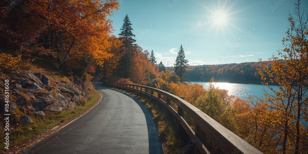 Naklejka premium A rural roadway bordered by greenery, designed for use in UI backgrounds or text overlays