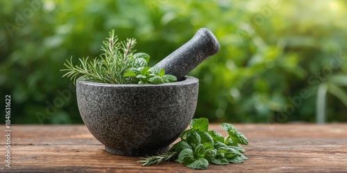 Crushed fresh herbs in a mo...