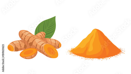 Turmeric roots and powder heap with green leaf on for culinary and spice concepts