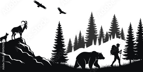 Silhouette wilderness scene with hiker, bear, mountain goat, wolves, soaring birds, and dense pine forest representing wildlife exploration, adventure, and nature trekking