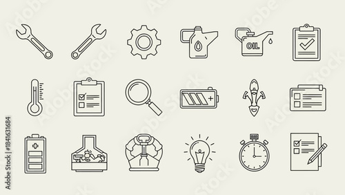 Vehicle maintenance and car repair outline icons illustrating various automotive service tasks,