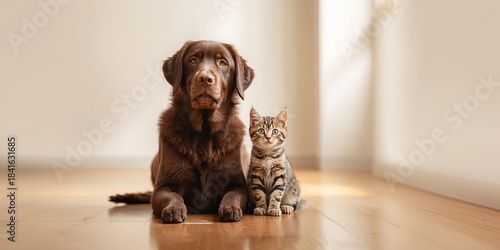 Domestic cat and dog sittin...