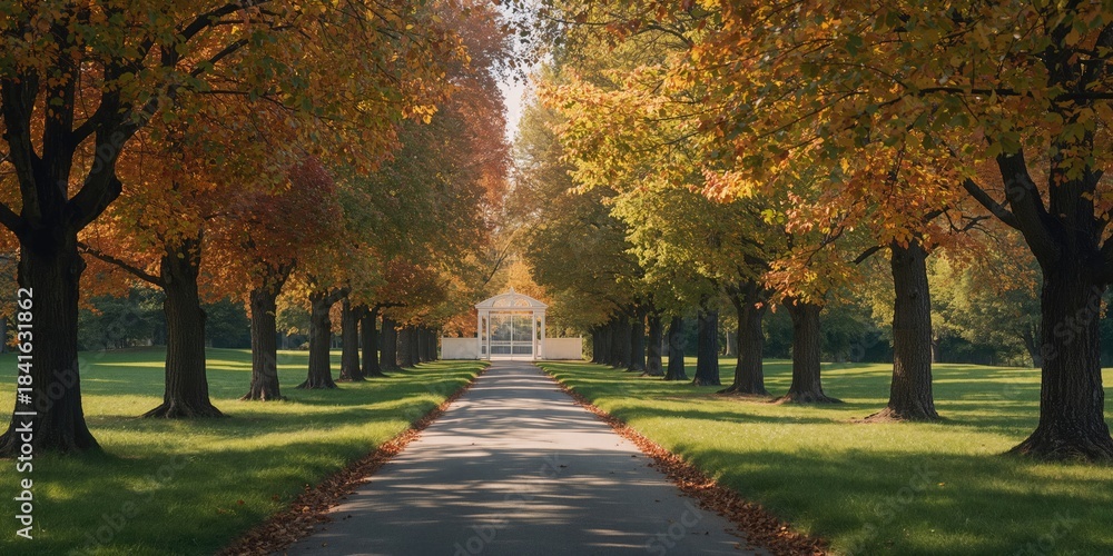 Naklejka premium Autumn alley in the park with white gates, seasonal landscape, land and greenery, pathway and forest features, Earth Day