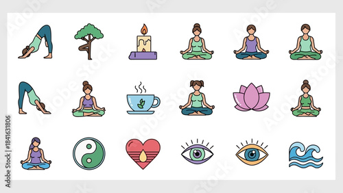Holistic Wellness: Illustrated Icons Representing Meditation, Nature, and Inner Peace practice yoga