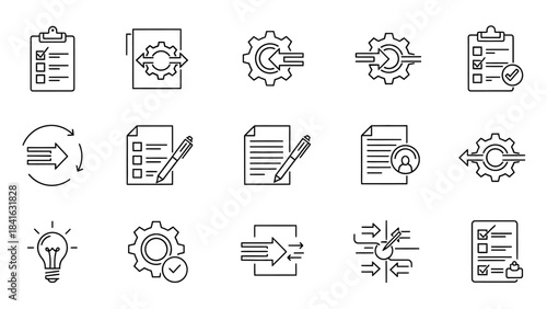 Collection of Black Outline Icons Depicting Workflow Management and Business Operations Processes