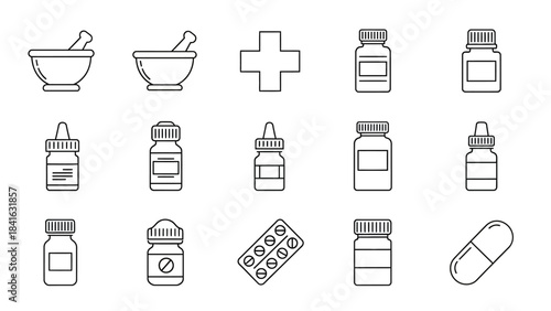 Minimalist outline vector graphic showcases pharmacy and medicine related icons and symbols