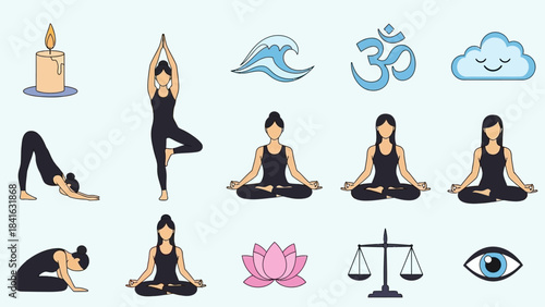 Diverse yoga poses and spiritual symbols creating a serene and balanced design with calming elements