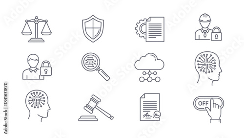 Collection of conceptual vector line icons related to law, security, cloud technology and