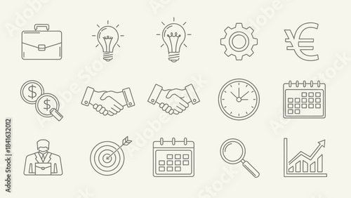 Elegant line art business icons representing collaboration, success and strategic planning