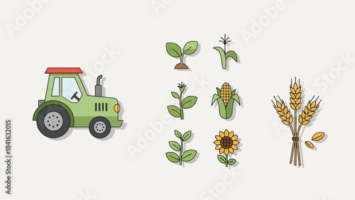 Agriculture vector elements design with farm tractor and crop collection illustration
