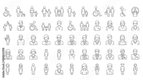 Diverse human icon set representing families people professionals and accessibility inclusion