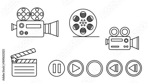 Black and white vector outline illustration of filmmaking elements for creative projects
