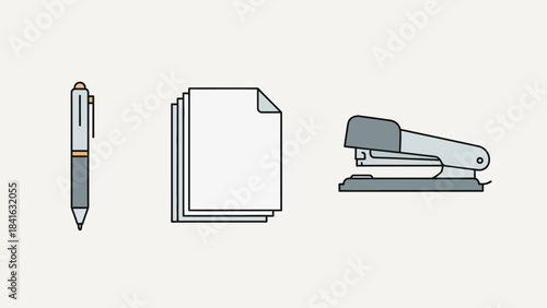 Minimalist illustration of pen, paper stacks and stapler with clean lines and subtle color palette