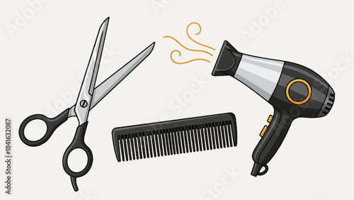 Stylized Illustration of Hairdressing Tools: Comb, Scissors, and Hair Dryer isolated