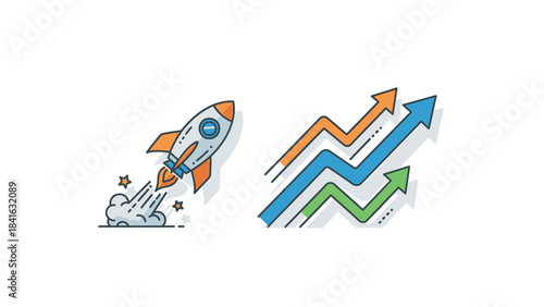 Vector illustration depicting business startup with rocket launch and growth charts