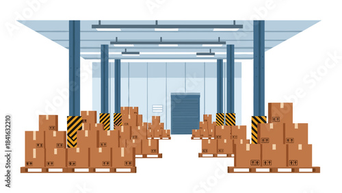 A large warehouse storage facility with stacks of cardboard boxes on pallets and a blue door in the background