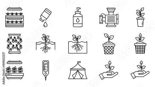 Linear Iconography Representing Hydroponics Techniques and Indoor Agriculture Systems