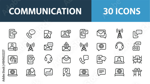 Comprehensive set of 30 clean vector line icons illustrating digital communication, global networking, and online interaction concepts with a minimalist design
