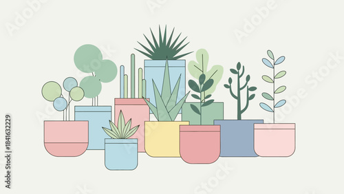 Pastel potted plants arrangement in simple vector style ideal for home decor illustration