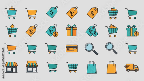 Colorful E-Commerce Icons Representing Online Shopping and Retail Essentials