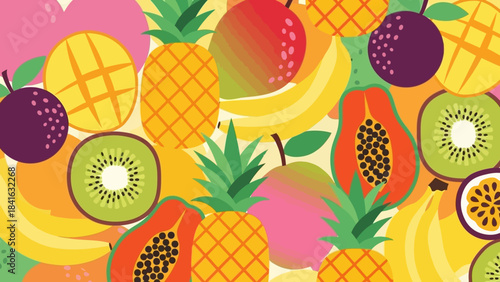 Colorful tropical fruits pattern illustration creates a vibrant and playful summer vibe