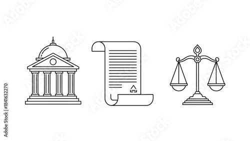 Minimalist representation of courthouse, agreement, and scales, symbolizing legal system and