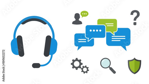 Creative illustration depicting customer service and support solutions with various icons