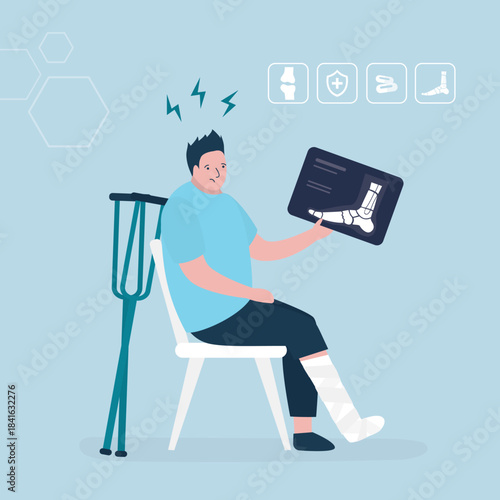 Sad man with broken leg in cast, young adult with a crutches. Limb fracture, unhappy guy holding bones xray. Trauma, injured person sitting on chair.