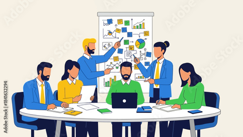 Dynamic collaborative business meeting illustration for professional teamwork and strategic