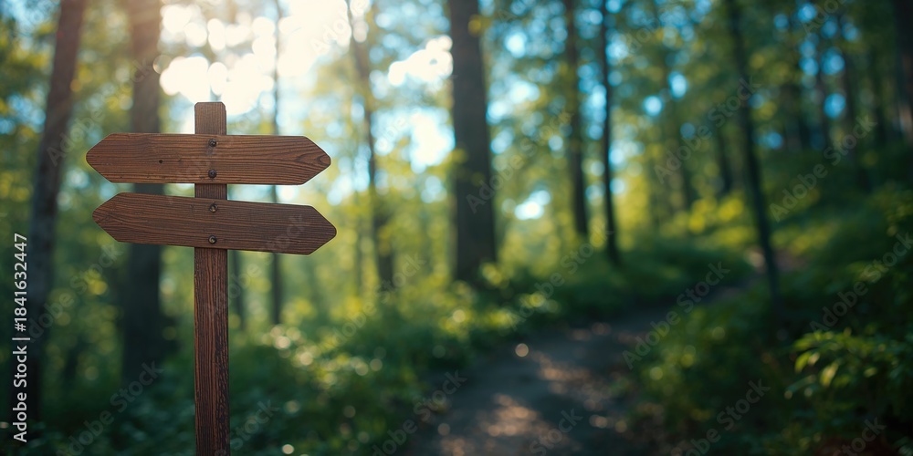 Naklejka premium Wooden sign indicating multiple routes in a forest setting with trees and sky, supporting trail guidance, World Environment Day