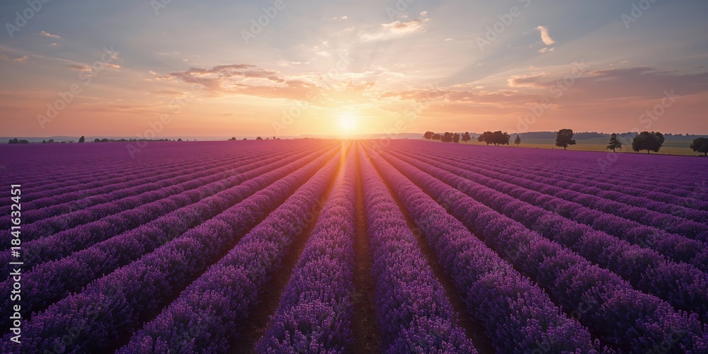 Naklejka premium Drone shot of a vast lavender field with surrounding trees during sunset, suitable for background use