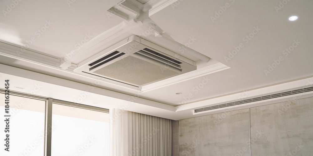 Fototapeta premium Modern apartment ceiling with suspended drywall and grey stretch ceiling, equipped with air conditioning for climate control