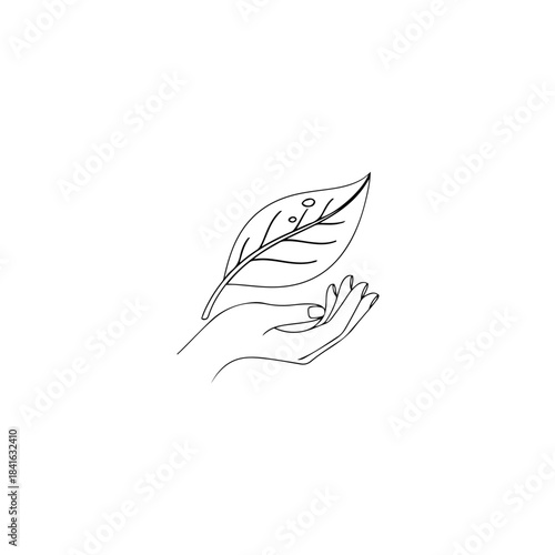 A simple outline drawing of a hand gently holding a single leaf, symbolizing care for nature isolated on transparent background