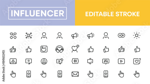 Clean vector illustration featuring a comprehensive set of social media and influencer marketing thin line icons for digital communication and web design