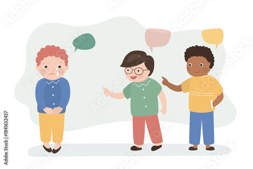 Unhappy child is crying because two children are bullying him, boy is being bullied, bullying concept. Kids bully friend, bad behavior.
