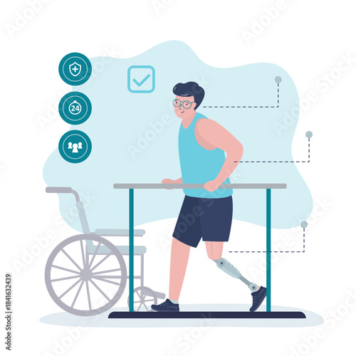 Patient with artificial limb can do using therapeutic exercise. Young man with leg prosthetic appliance. Rehabilitation after trauma or injury. Health care and medical banner.