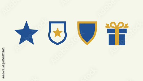 Symbolic Collection of Flat Design Icons Showcasing Achievements and Celebrations in Blue and Gold