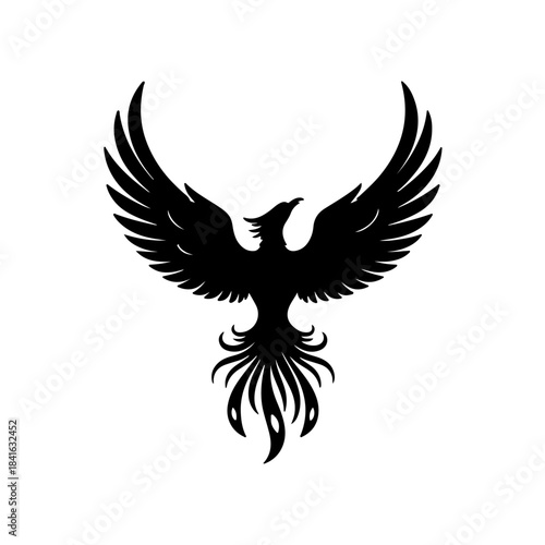 A powerful black silhouette illustration of a phoenix rising with widespread wings isolated on transparent background