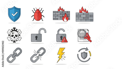 Collection of vibrant cybersecurity icons representing security threats and protection solutions