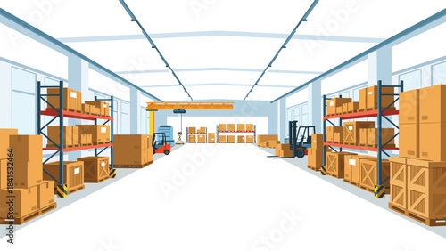 A large warehouse storage room with shelves and boxes stacked high