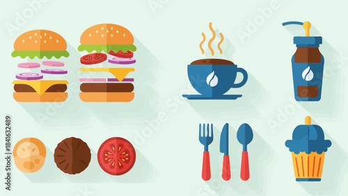Flat vector illustration showcasing various food and drink icons for diverse menu options