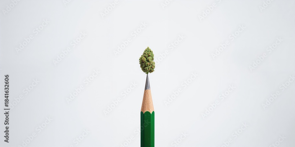Fototapeta premium Cannabis flower placed on a pencil tip as part of drug education display, emphasizing substance use risks and prevention