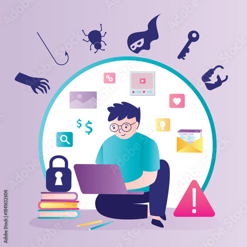 Smart boy, student using laptop, software protection. Firewall, parental control, internet security. Protection from hacker attacks, scams, and spam