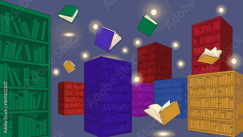 Vibrant book stacks and floating books create a dynamic scene, celebrating the joy of reading and