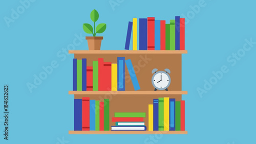 Flat vector bookshelf illustration with diverse colored books, clock and plant pot ideal for