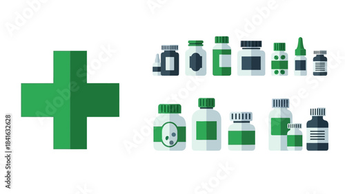 Illustrative flat design showing health, medicine and pharmacy concept with green cross and pill