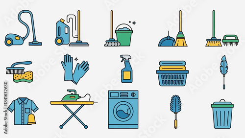 A collection of cleaning appliances for home tasks, maintaining hygiene with vibrant colors and