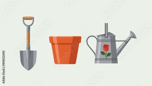 Illustrated gardening tools, featuring a shovel, flower pot, and watering can emblemized by a rose