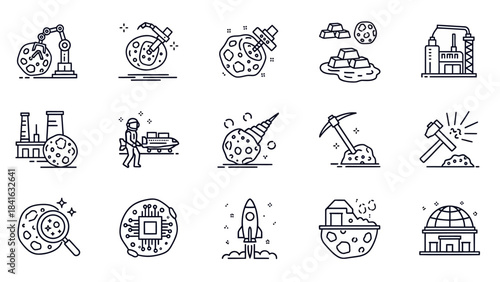 Space mining and exploration line icons depicting industrial processes on asteroids
